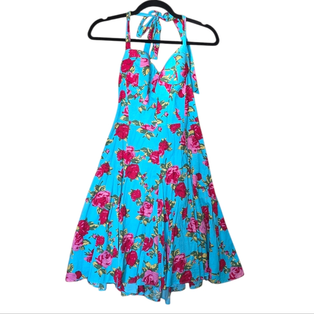 BETSEY JOHNSON Blue & Pink Floral Print Halter Fit & Flare Dress